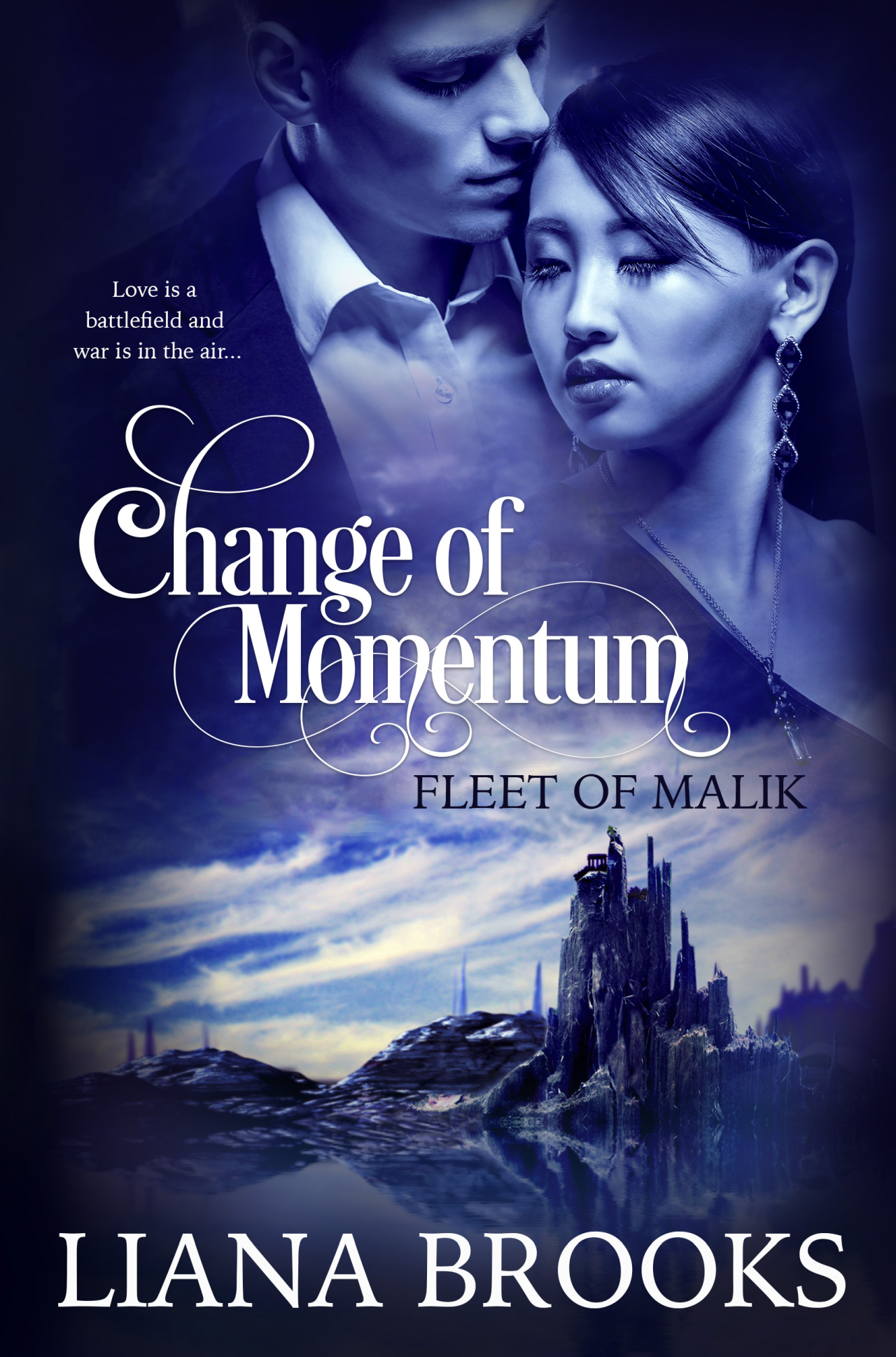 The cover of CHANGE OF MOMENTUM showing a man who appears possibly European in descent and an Asian woman together with her head resting against his chest in a sly sky above an alien city skyline.