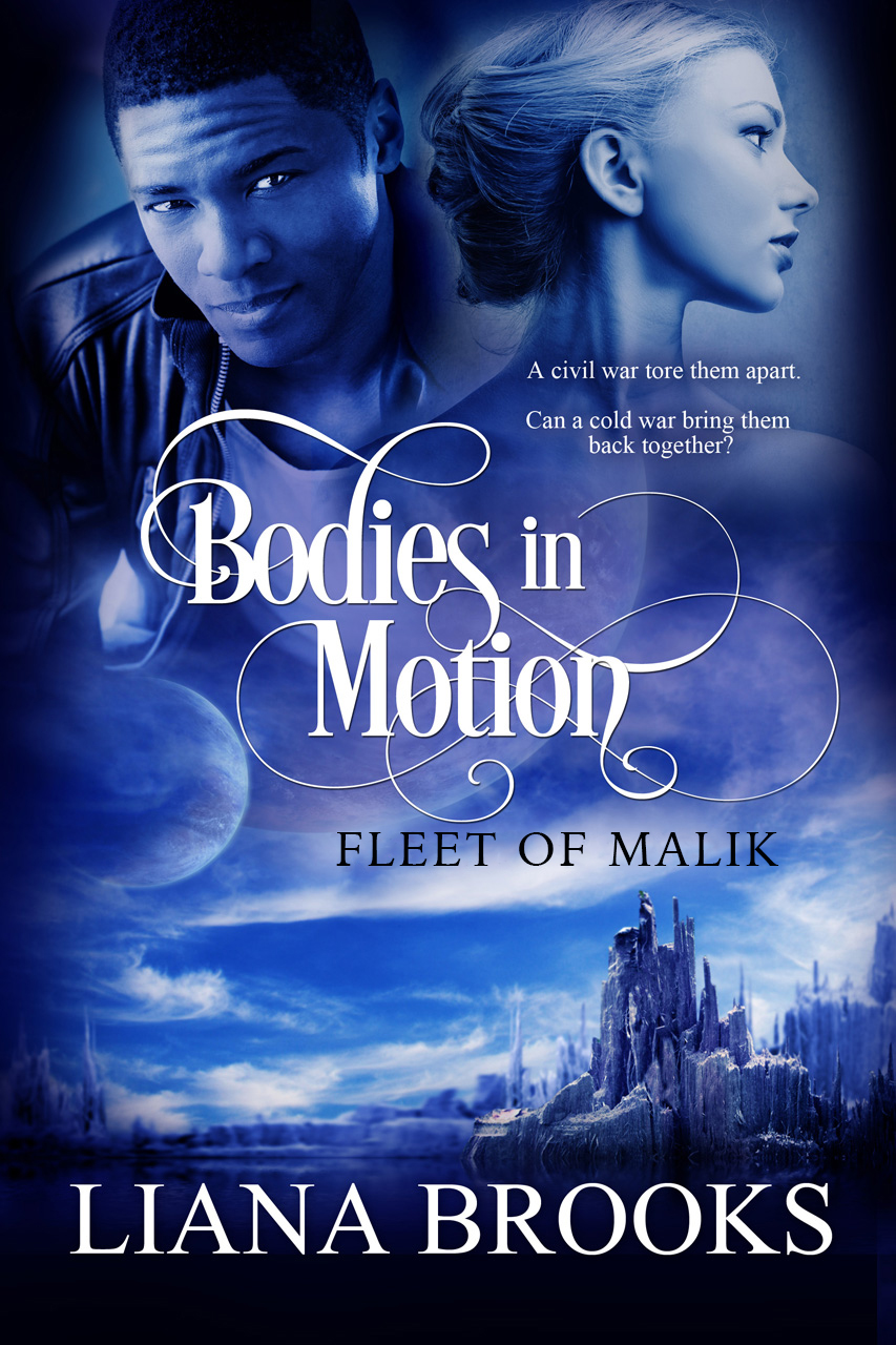 The cover for Bodies In Motion showing a man of African descent in a dark leather jacket beside a fair-skinned, fair-haired woman in a field of blue above an alien skyline. 