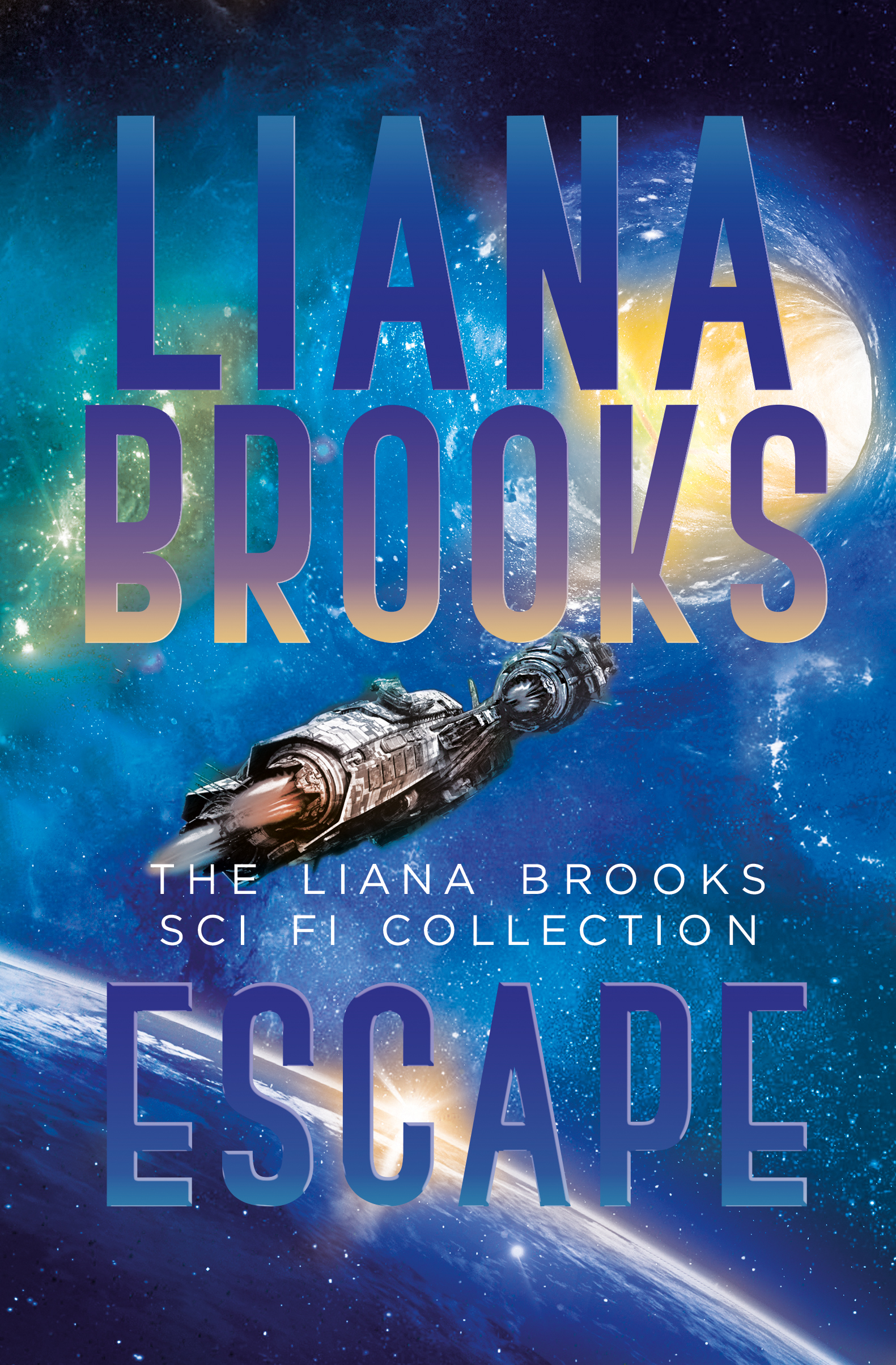 The cover art for ESCAPE showing a blue star-dappled background in space and a spaceship. 