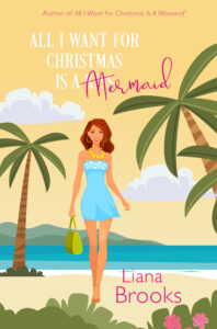 A yellow book cover showing a cartoon of a pale skinned woman in a blue dress walking along a beach near palm trees.