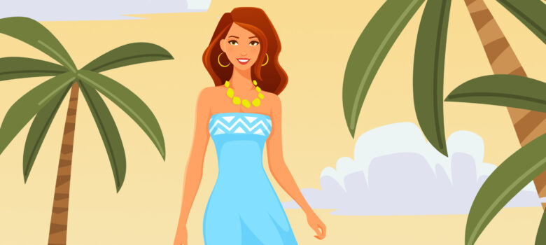 A yellow book cover showing a cartoon of a pale skinned woman in a blue dress walking along a beach near palm trees.